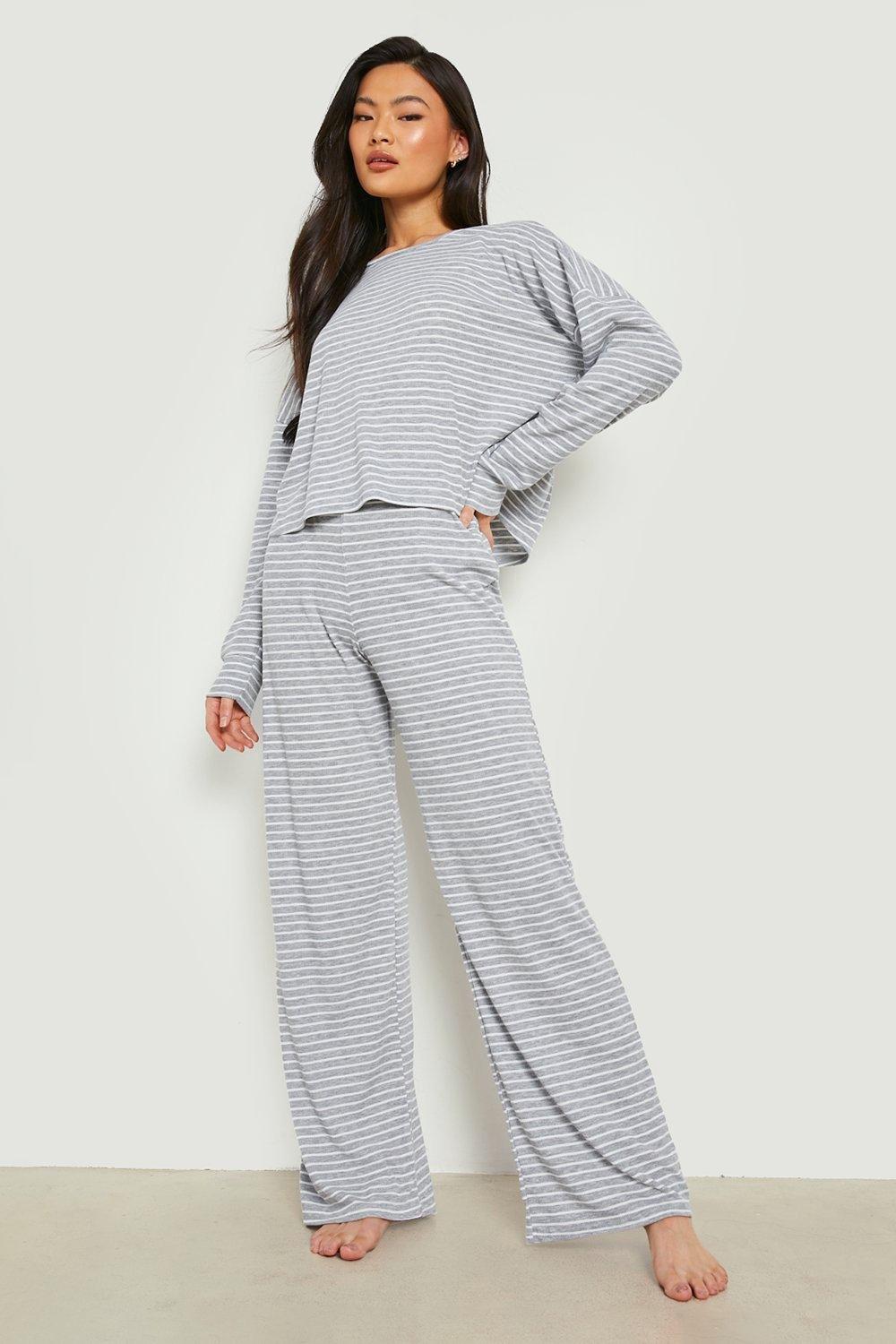 Womens Stripe Jersey Lounge Trouser Pj Set - Grey - 12, Grey